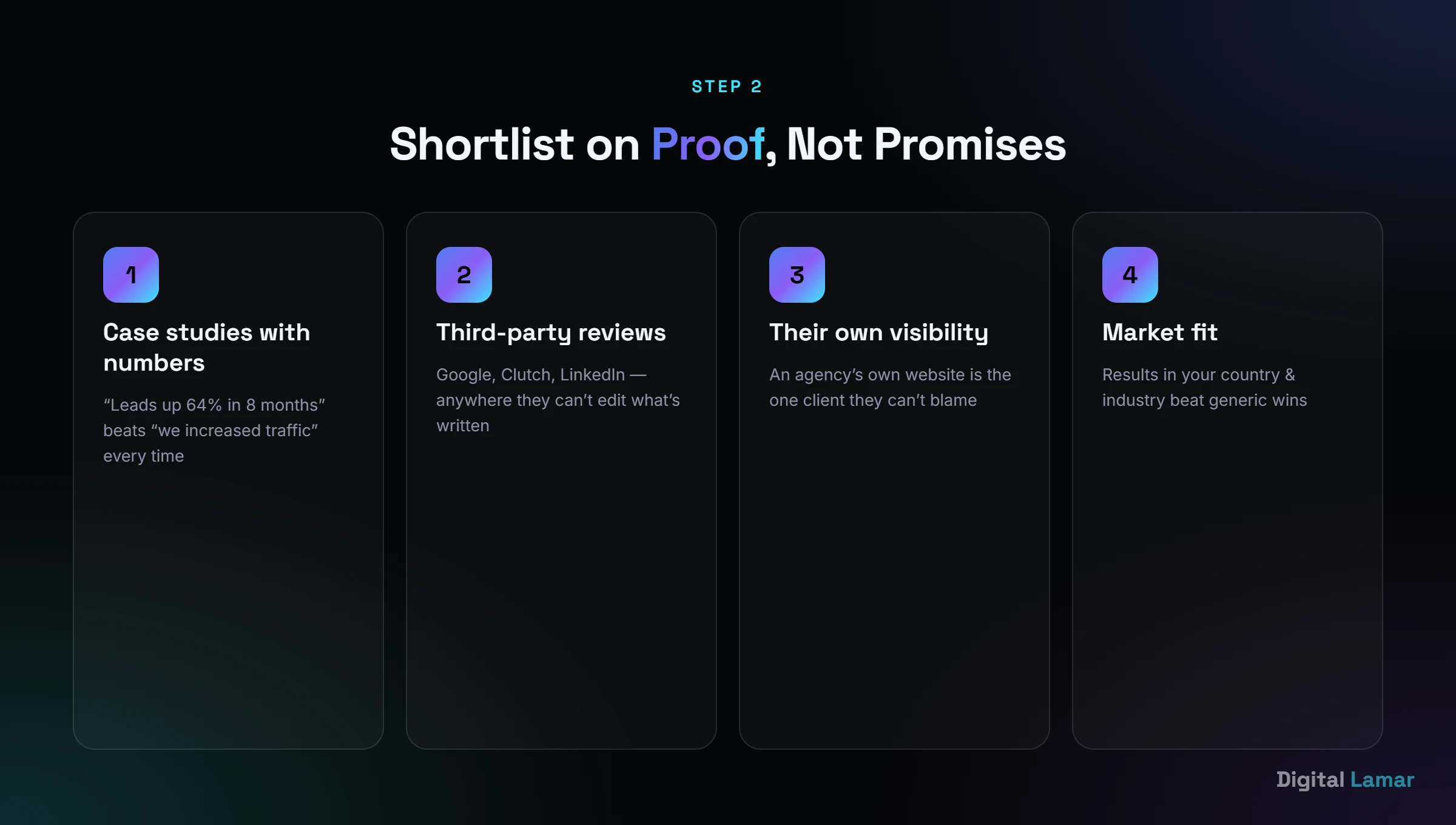 Checklist for shortlisting a digital marketing agency on proof: case studies, reviews, their own visibility, and market fit