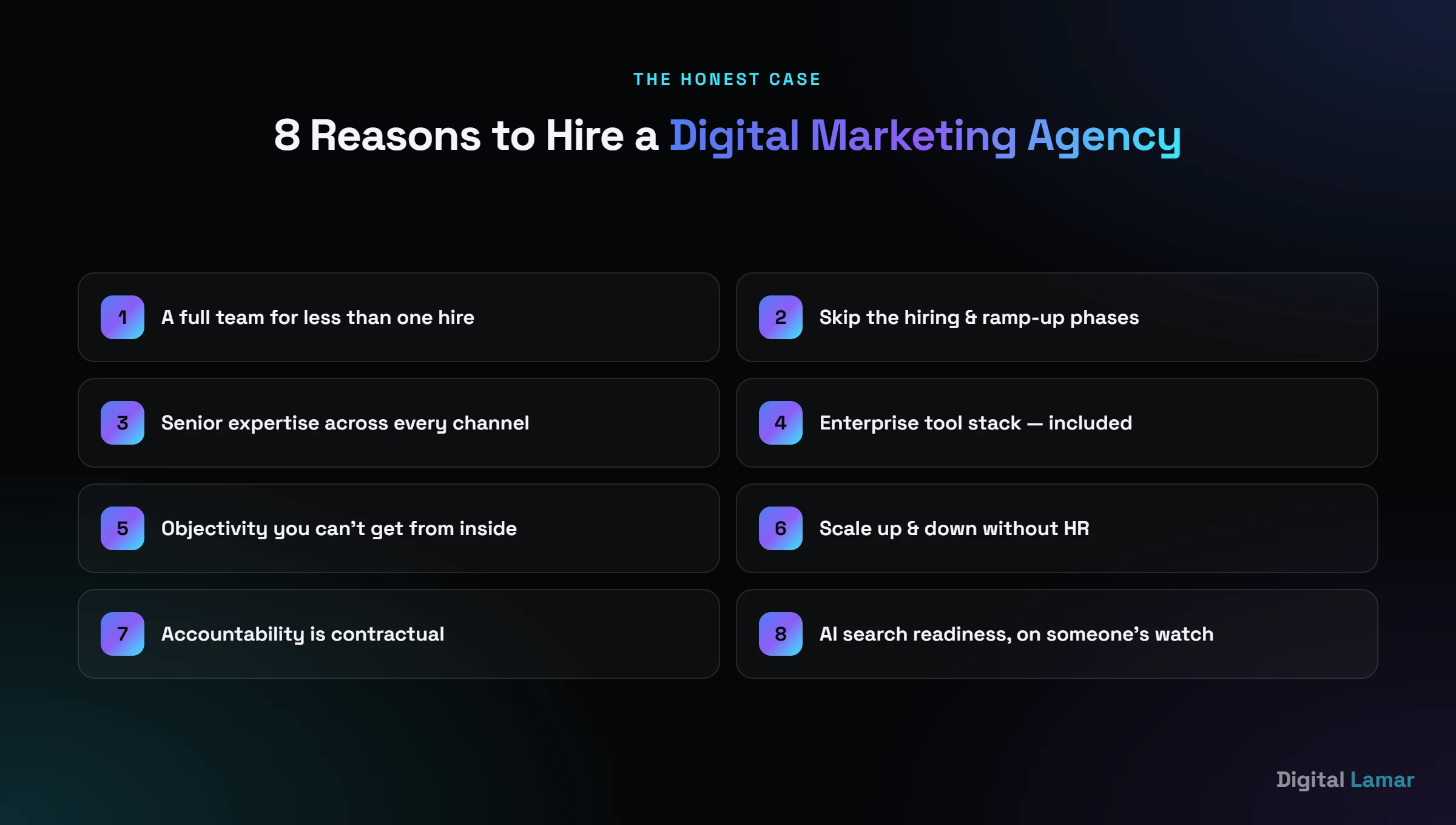 Eight reasons businesses hire a digital marketing agency, from full-stack skills to AI search readiness