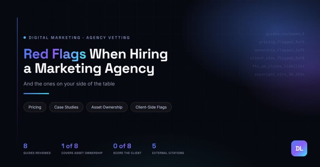 Set in WP Media Library, not in the HTML — theme pulls the Featured Image alt from there. Suggested: "Red flags to watch for when hiring a marketing agency, and the ones on your own side of the table"