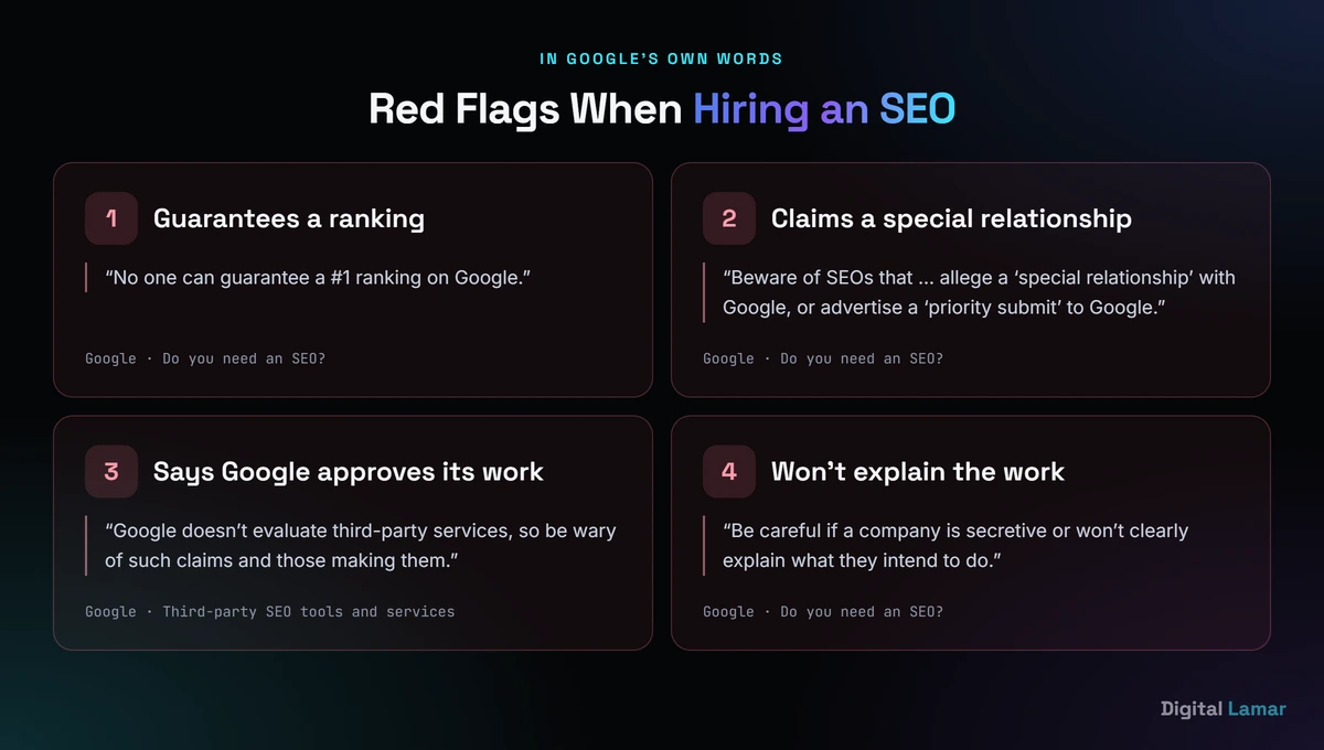 Four red flags when hiring an SEO, each quoted from Google's June 2026 guidance on hiring an SEO and third-party SEO services